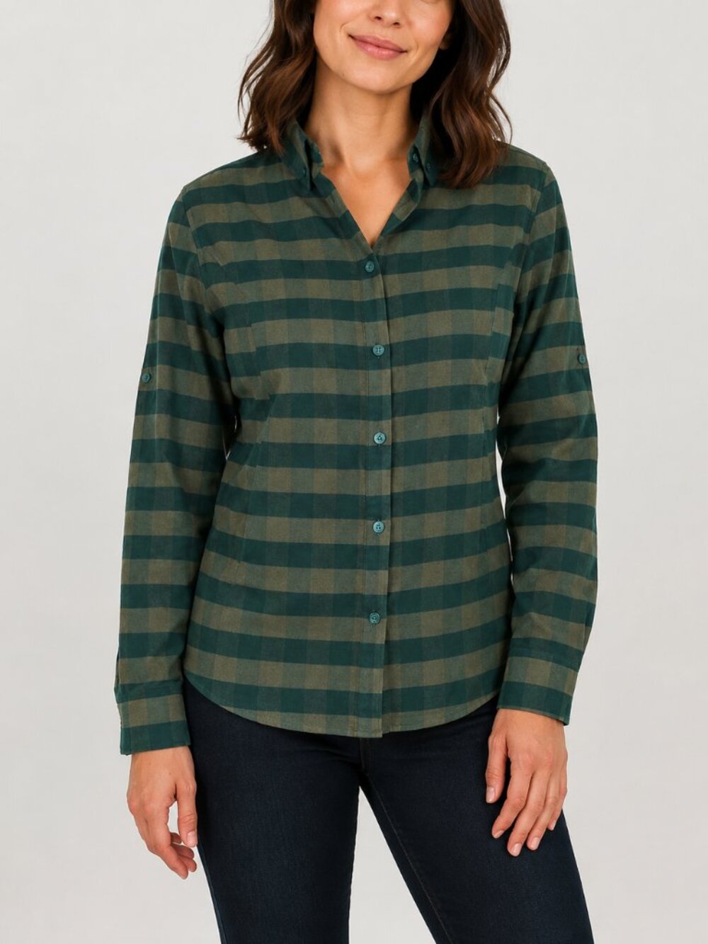 AFTCO Women's Buffalo Jill Long Sleeve Fishing Flannel Green Tan Shirt Size M